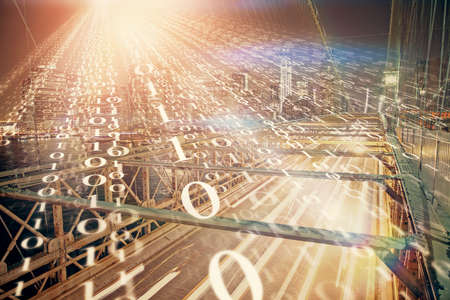 Data theme hologram drawing on city view with skyscrapers background double exposure. Ai concept.