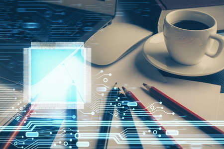 Double exposure of desktop with computer on background and tech theme drawing. Concept of big data.