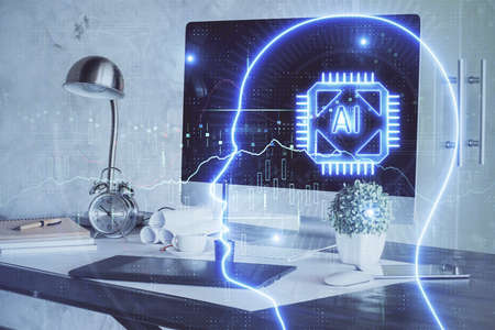 Multi exposure of work table with computer and brain hologram. Brainstorm concept.