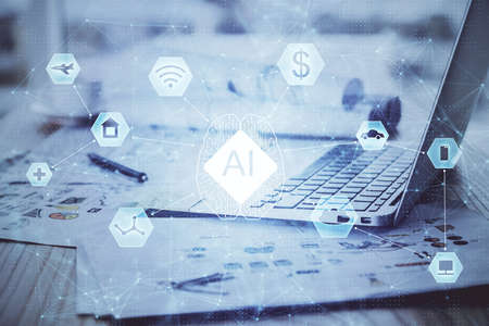 Double exposure of computer and technology theme hud. Concept of innovation.