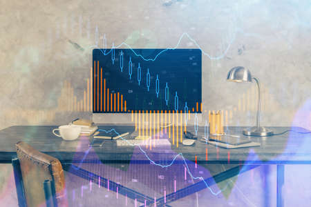 Multi exposure of forex chart and work space with computer. Concept of international online trading.