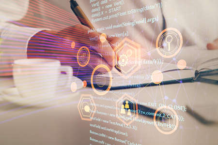 Humans hands with data theme multi exposure background drawings. Concept of innovation.