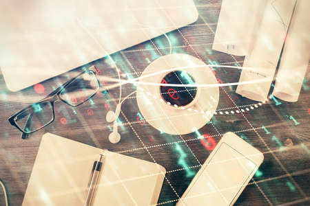 Multi exposure of forex graph drawing over desktop background with computer. Concept of financial...