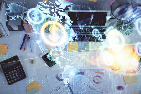 Multi exposure of forex chart drawing over table background with computer. Concept of financial...