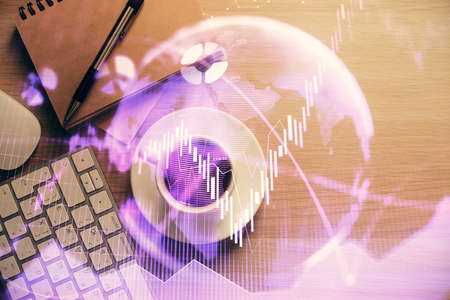 Multi exposure of forex chart drawing and work table top veiw. Concept of financial analysis.