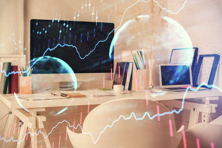 Double exposure of financial graph drawing and office interior background. Concept of stock market.の写真素材