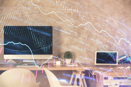 Multi exposure of financial graph drawing and office interior background. Concept of market...