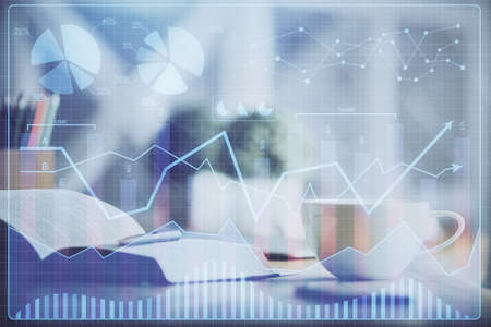 Multi exposure of forex graph drawing and desktop with coffee and items on table background. Concept...