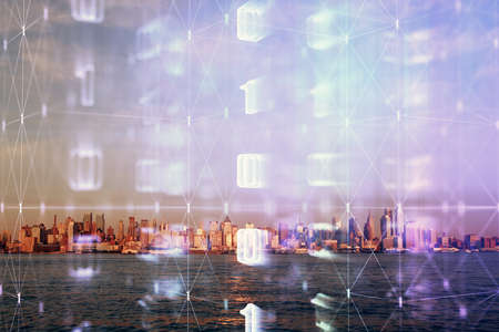 Data theme hologram drawing on city view with skyscrapers background multi exposure. Bigdata concept.の写真素材