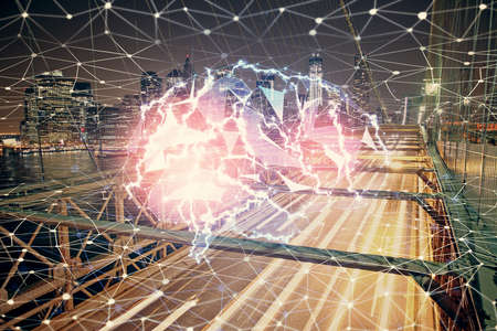 Brain hologram drawing on city scape background Double exposure. Brainstorming concept.