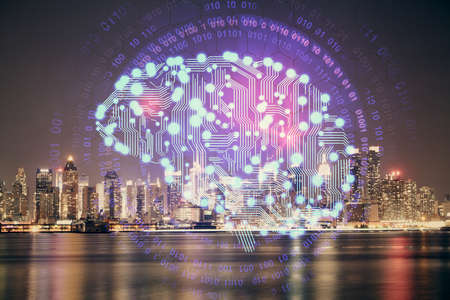 Brain hologram drawing on city scape background Double exposure. Brainstorming concept.