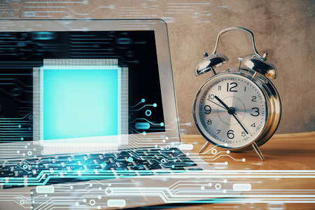 Double exposure of desktop with computer on background and tech theme drawing. Concept of big data.の写真素材