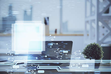 Double exposure of desktop with computer on background and tech theme drawing. Concept of big data.