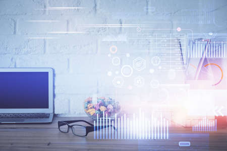 Double exposure of desktop with personal computer on background and tech theme drawing. Concept of...