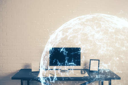 Computer on desktop with social network hologram. Multi exposure. Concept of international people...