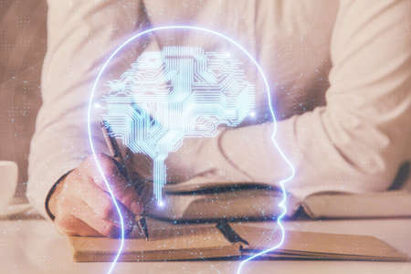 Mans hands withbrain double exposure drawing. Concept of human learning.