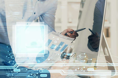 Multi exposure of tech drawings with man working on computer background. Concept of innovation.
