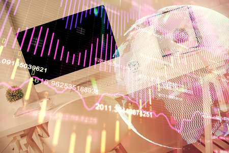 Double exposure of financial graph drawing and office interior background. Concept of stock market.