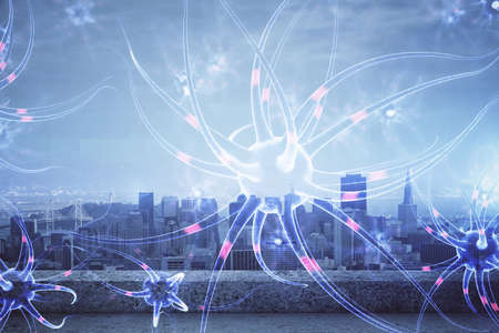 Double exposure of neuron drawing icon and cityscape background. Concept of education.