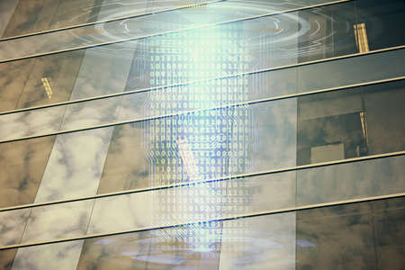 Data theme hologram drawing on city view with skyscrapers background multi exposure. Bigdata concept.の写真素材