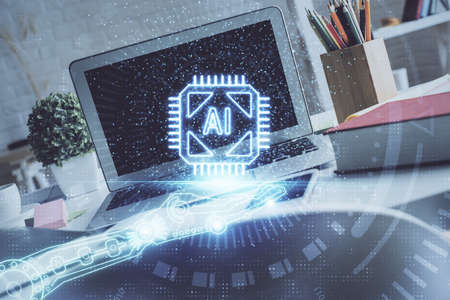 Multi exposure of desktop with personal computer and tech theme drawing. Concept of Bigdata.