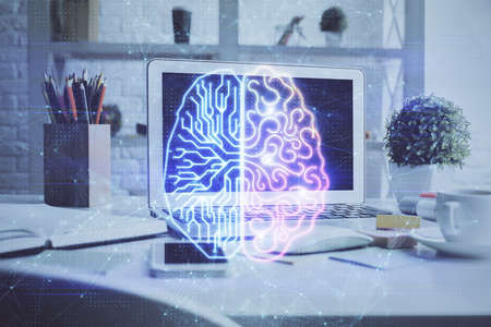 Double exposure of work space with computer and human brain drawing hologram. Brainstorm concept.の写真素材