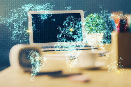 Computer on desktop with social network hologram. Multi exposure. Concept of international people...