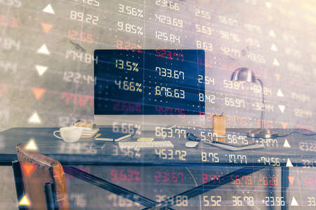 Multi exposure of forex chart and work space with computer. Concept of international online trading.