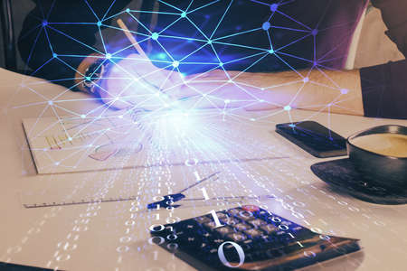 Mans hands with technology theme multi exposure icons. Concept of big data.