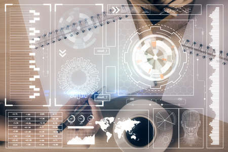 Multi exposure of womans writing hand on background with data technology hud. Concept of innovation.