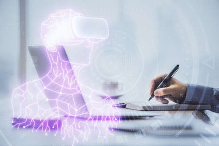 AR hologram with man working on computer on background. Augmented reality concept. Double exposure.