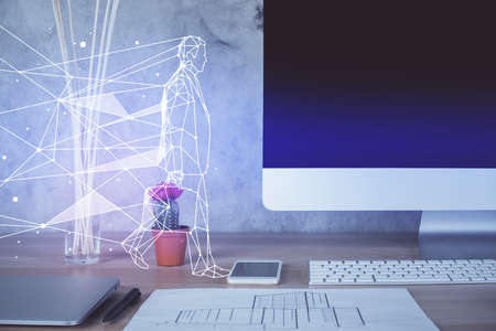 Desktop computer background in office and start up theme hologram drawing. Double exposure. Startup...