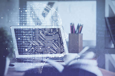Double exposure of desktop computer and human brain drawing hologram. Ai concept.の写真素材