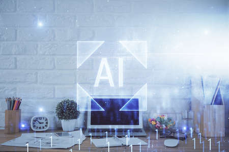 Multi exposure of desktop with personal computer and tech theme drawing. Concept of Bigdata.