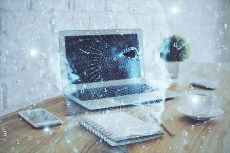Multi exposure of work space with computer and human brain hologram. Brainstorm concept.の写真素材