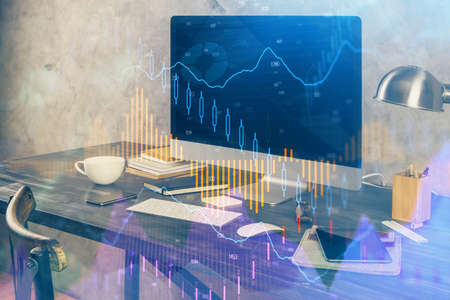 Financial graph colorful drawing and table with computer on background. Multi exposure. Concept of...