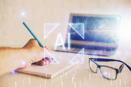 Writing man with technology icons. . Double exposure. Network and data concept.の写真素材