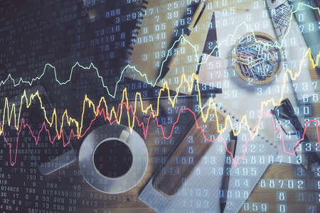 Double exposure of forex graph drawing and work table top veiw. Concept of financial analysis.