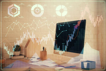 Double exposure of stock market graph drawing and office interior background. Concept of financial...