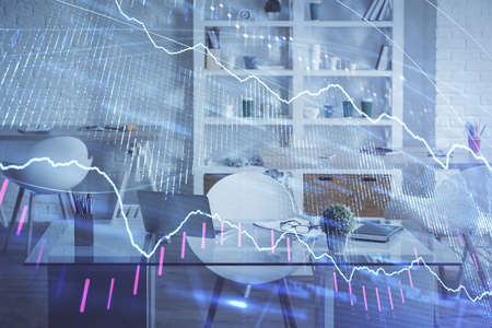 Double exposure of financial graph drawing and office interior background. Concept of stock market.