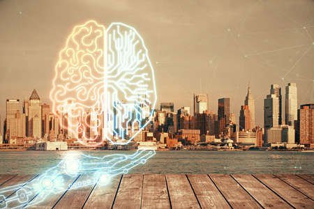 Brain hologram drawing on cityscape background multi exposure. Ai in modern city concept.
