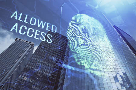 Double exposure of finger print hologram and cityscape background. Concept of personal security.