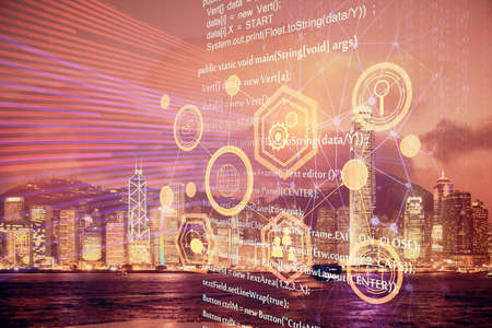 Data theme hologram drawing on city view with skyscrapers background double exposure. Ai concept.