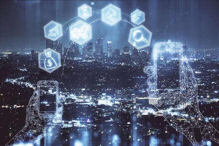 Double exposure of technology theme hologram and cityscape background. Concept of Hightech.