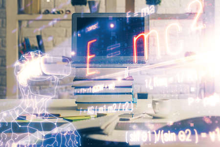 Desktop computer background and formula hologram writing. Double exposure. Education concept.