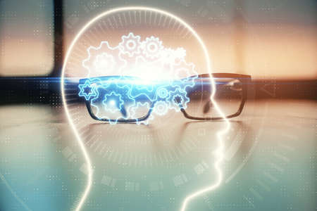 Brain drawings with glasses on the table background. Double exposure.