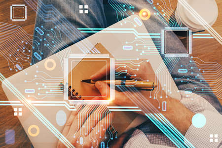 Humans hands with technology theme double exposure icons. Concept of big data.