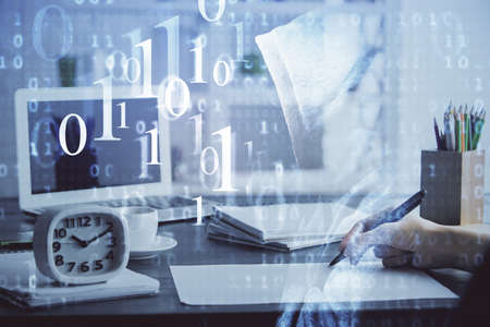 Multi exposure of woman hands on background with technology coding hologram. Data concept.