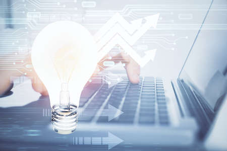 Growing arrows with businessman working on computer on background. Success concept. Double exposure.