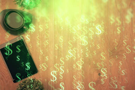 Multi exposure of financial chart hologram over desktop with phone. Top view. Mobile trade platform...
